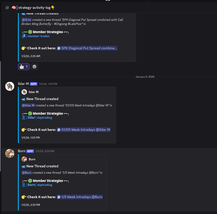 Historical strategy-activity-log entries announcing newly created member threads with links to the original discussions.