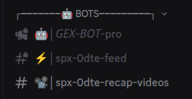 The BOTS category with GEX-BOT-pro, spx-0dte-feed, and spx-0dte-recap-videos.