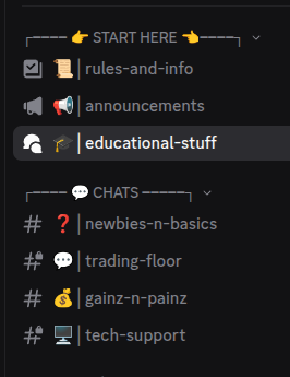 Discord sidebar showing START HERE and CHATS, including educational-stuff and the product-help channels.