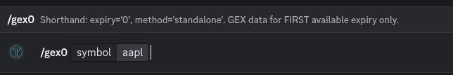 Discord autocomplete describing gex0 as expiry 0, standalone, for the first available expiration, with AAPL entered in the symbol field.