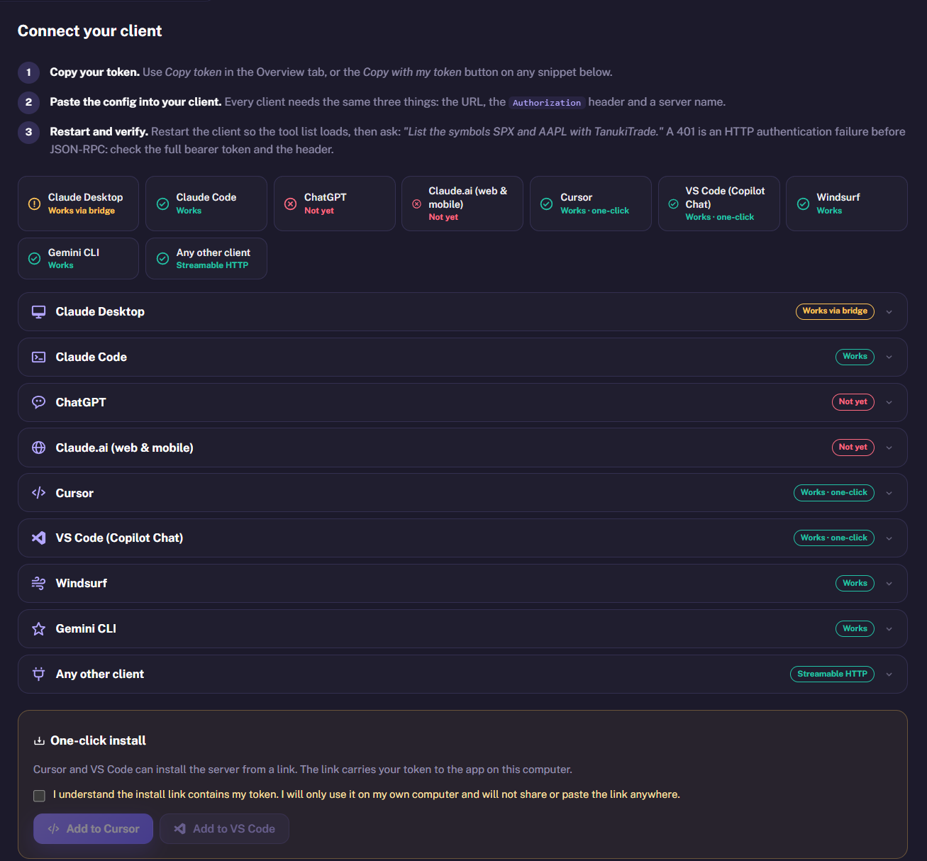 Connect your client section with client-specific setup panels, compatibility indicators, and a one-click installation notice explaining that the install link contains the token.