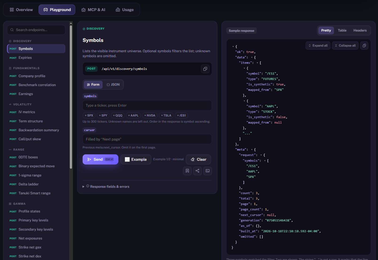 API Playground with Discovery Symbols selected, Form and JSON input options, Send and Example controls, and a Sample response panel.
