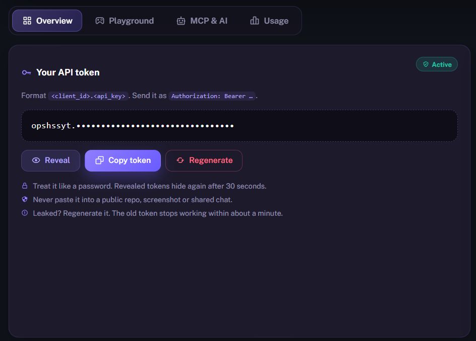 API Access Overview tab with the masked personal token, Active status, and Reveal, Copy token, and Regenerate controls.
